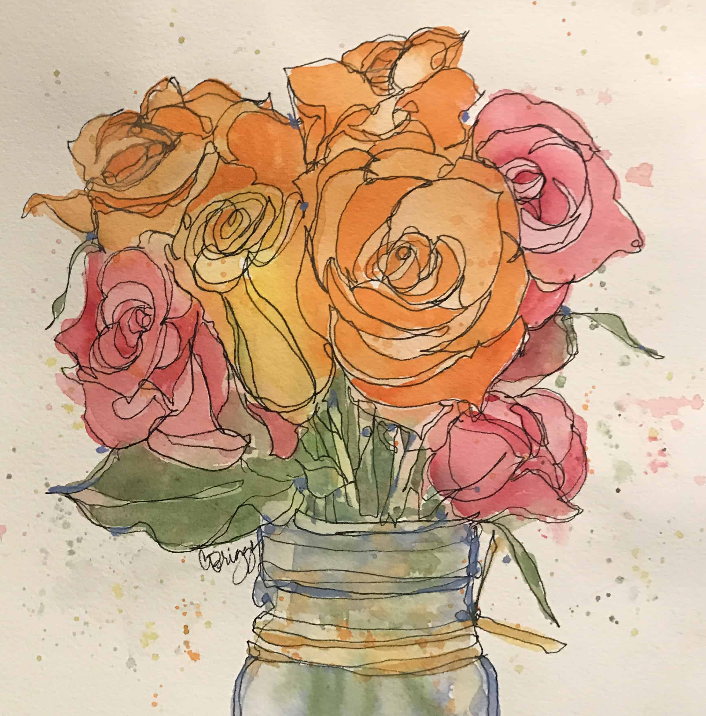 Roses in Pink Yellow Orange Roses in Pink, Yellow & Orange Cindy Briggs Art Watercolor Painting