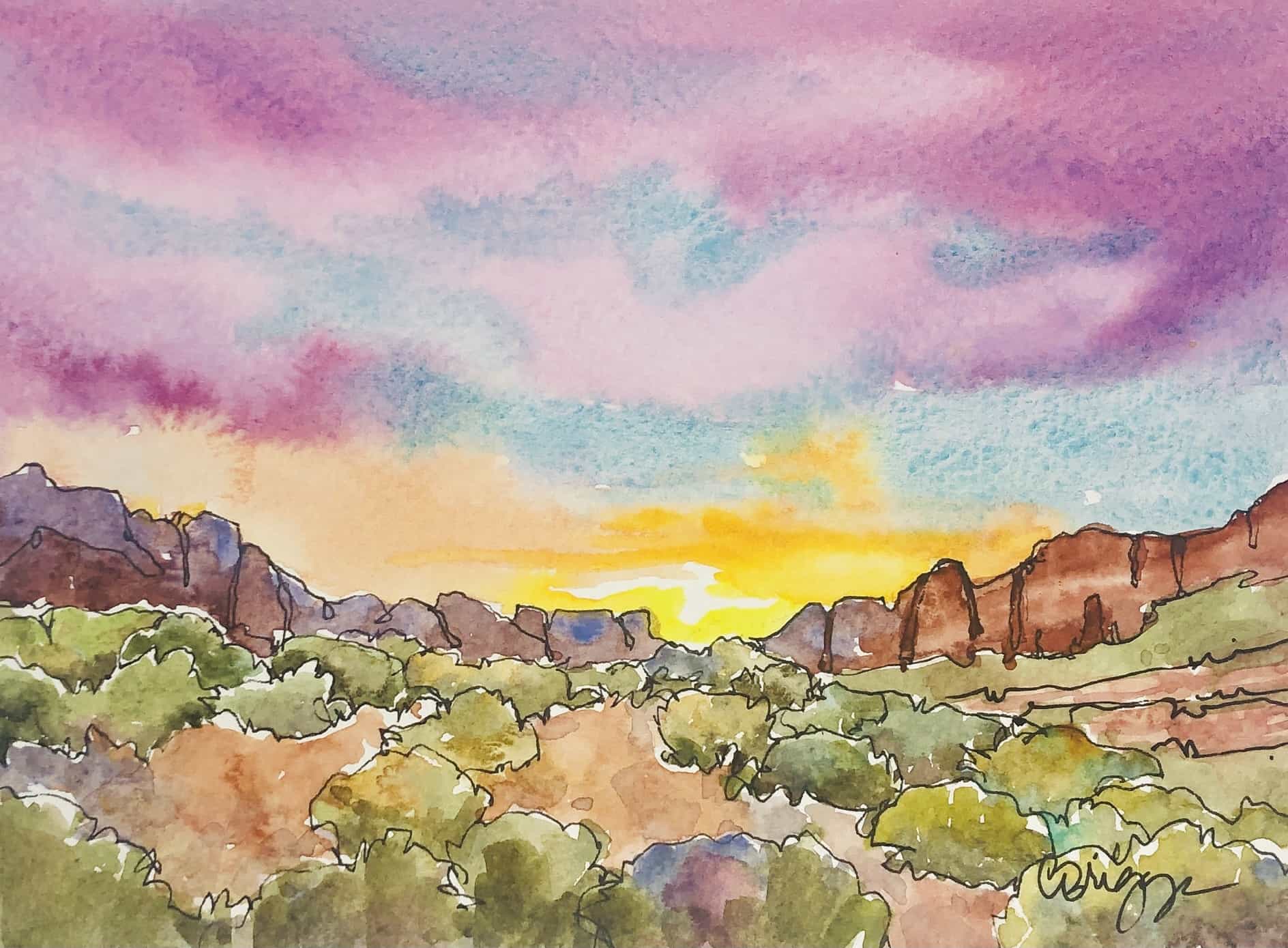 Plein air watercolor palette for painting colorful skies St George Sunset Red Mountains