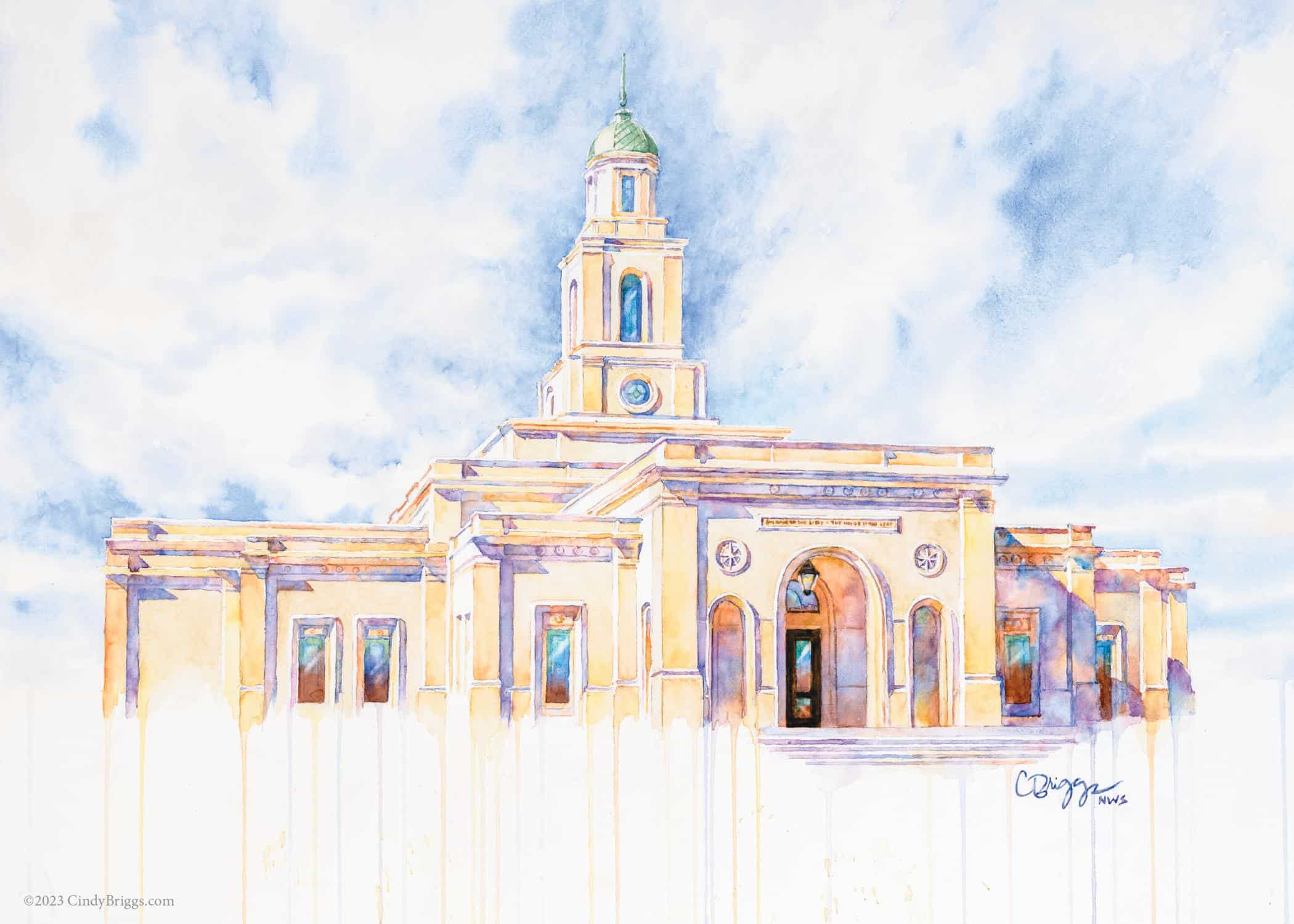 Bentonville Temple watercolor painting titled 'Eternal Promises' depicting the architectural beauty of the Bentonville Temple in vibrant colors